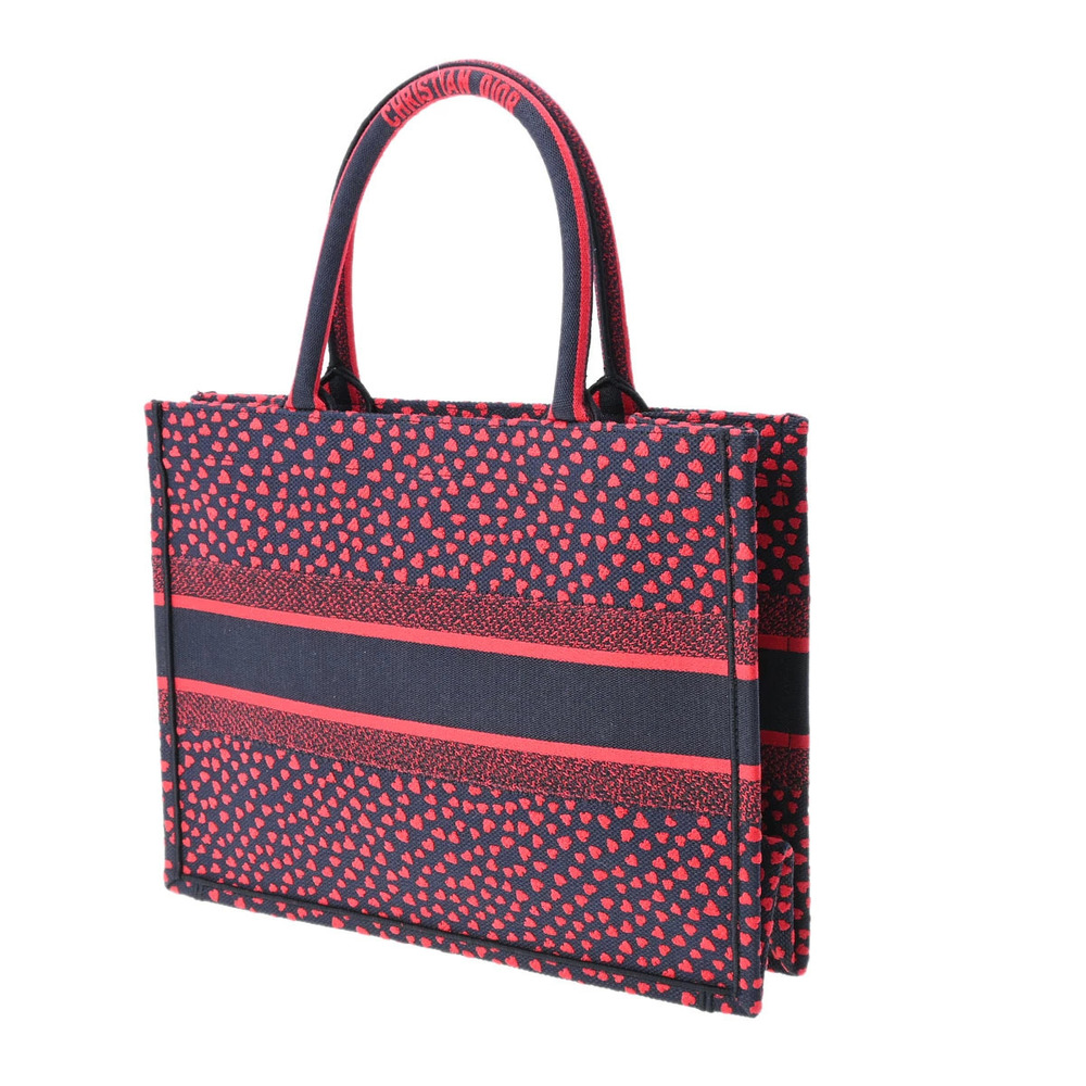 Dior Heart Blue Canvas Book Bag CHRISTIAN Tote Navy  Red